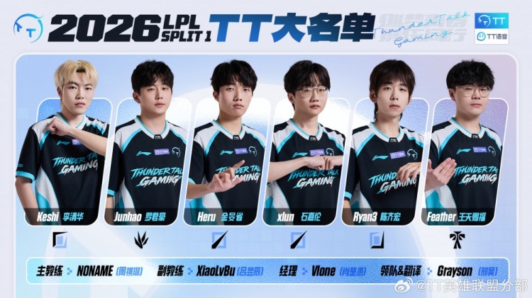 TT公布新赛季大名单：Keshi/Junhao/Heru/Ryan3/Feather